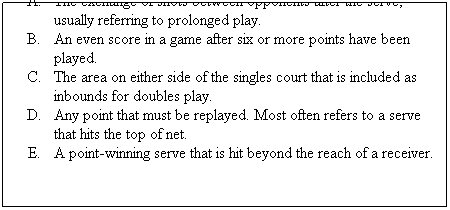Text Box: The exchange of shots between opponents after the serve, usually referring to prolonged play.
An even score in a game after six or more points have been played.
The area on either side of the singles court that is included as inbounds for doubles play.
Any point that must be replayed. Most often refers to a serve that hits the top of net.
A point-winning serve that is hit beyond the reach of a receiver. 
